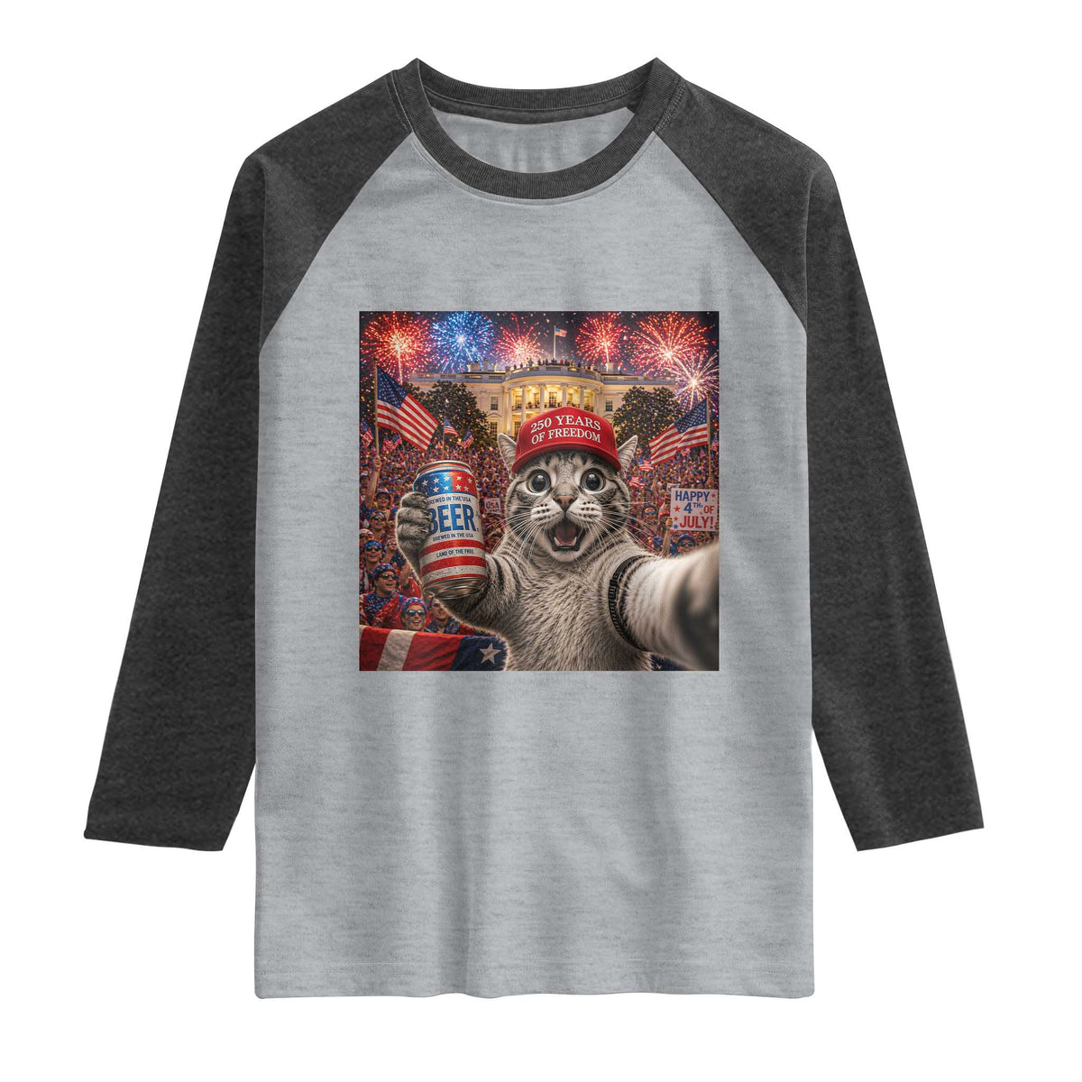 250 Years Of Freedom Raglan Shirt Funny Cat Selfie 4th of July Party