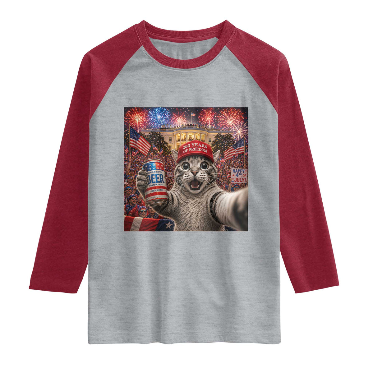 250 Years Of Freedom Raglan Shirt Funny Cat Selfie 4th of July Party