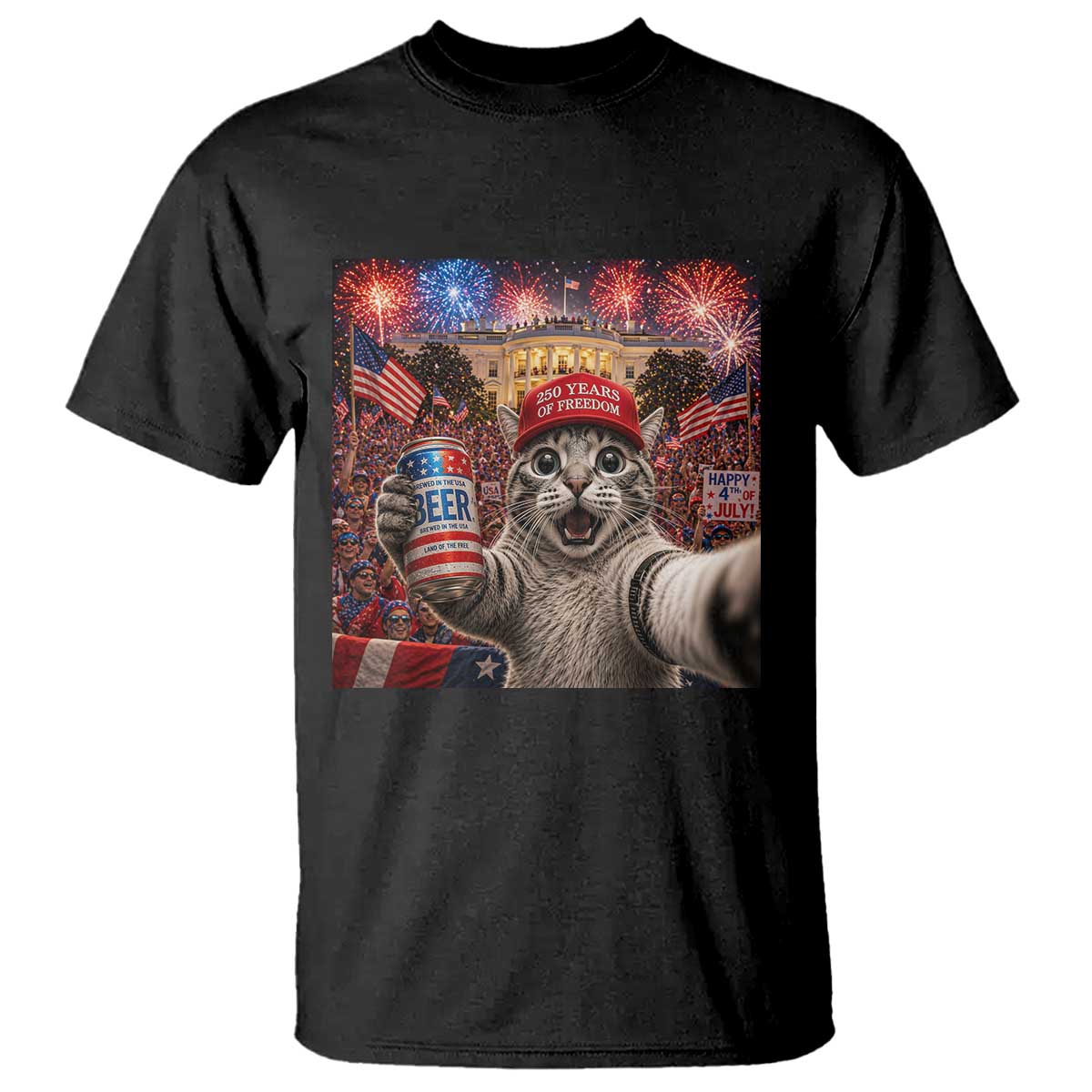250 Years Of Freedom T Shirt Funny Cat Selfie 4th of July Party