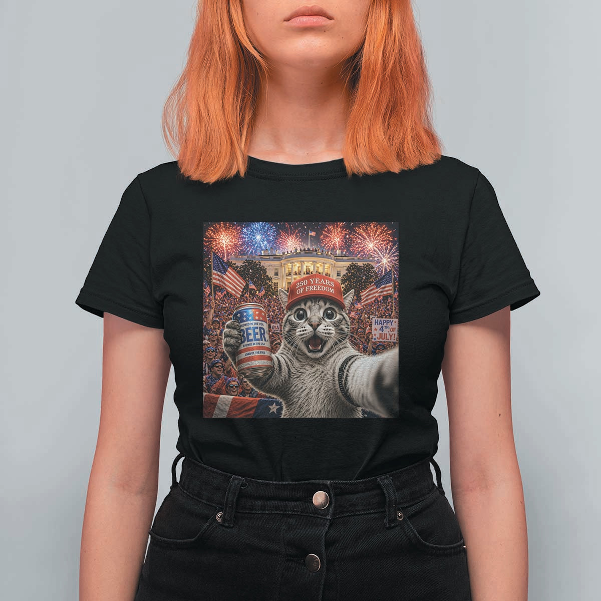 250 Years Of Freedom T Shirt For Women Funny Cat Selfie 4th of July Party