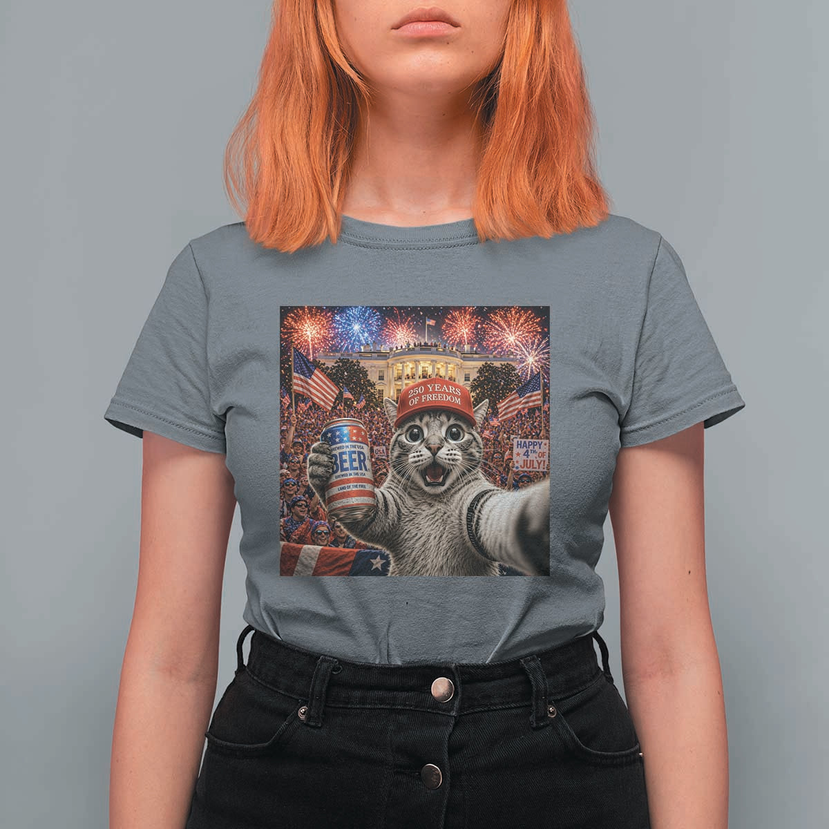 250 Years Of Freedom T Shirt For Women Funny Cat Selfie 4th of July Party