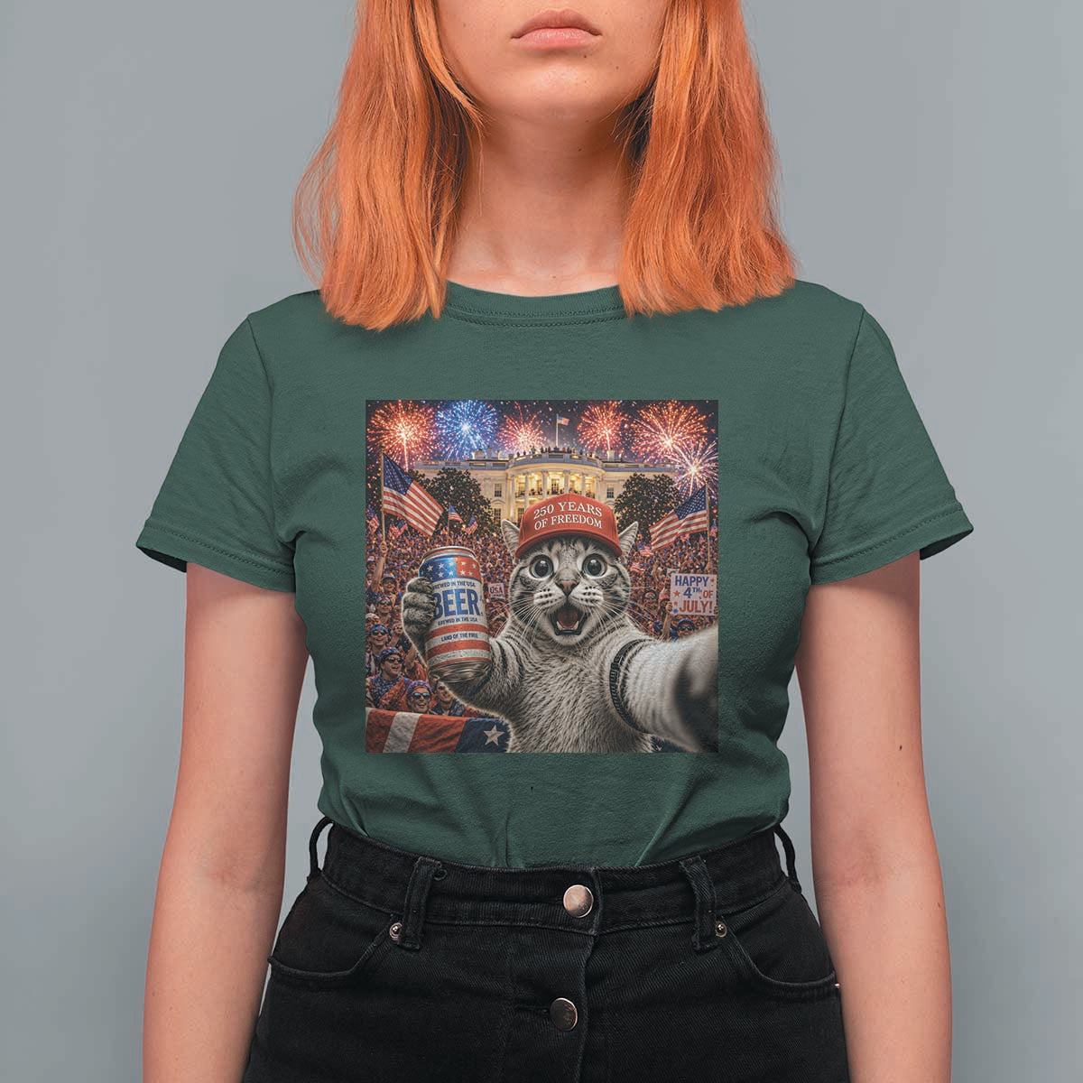 250 Years Of Freedom T Shirt For Women Funny Cat Selfie 4th of July Party