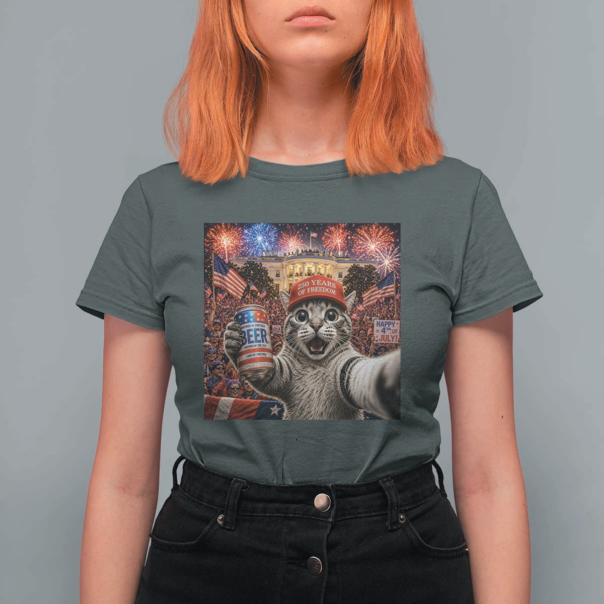 250 Years Of Freedom T Shirt For Women Funny Cat Selfie 4th of July Party