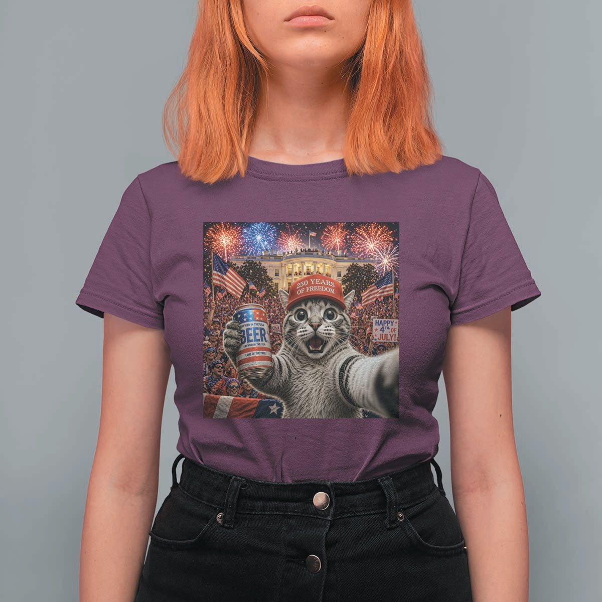 250 Years Of Freedom T Shirt For Women Funny Cat Selfie 4th of July Party