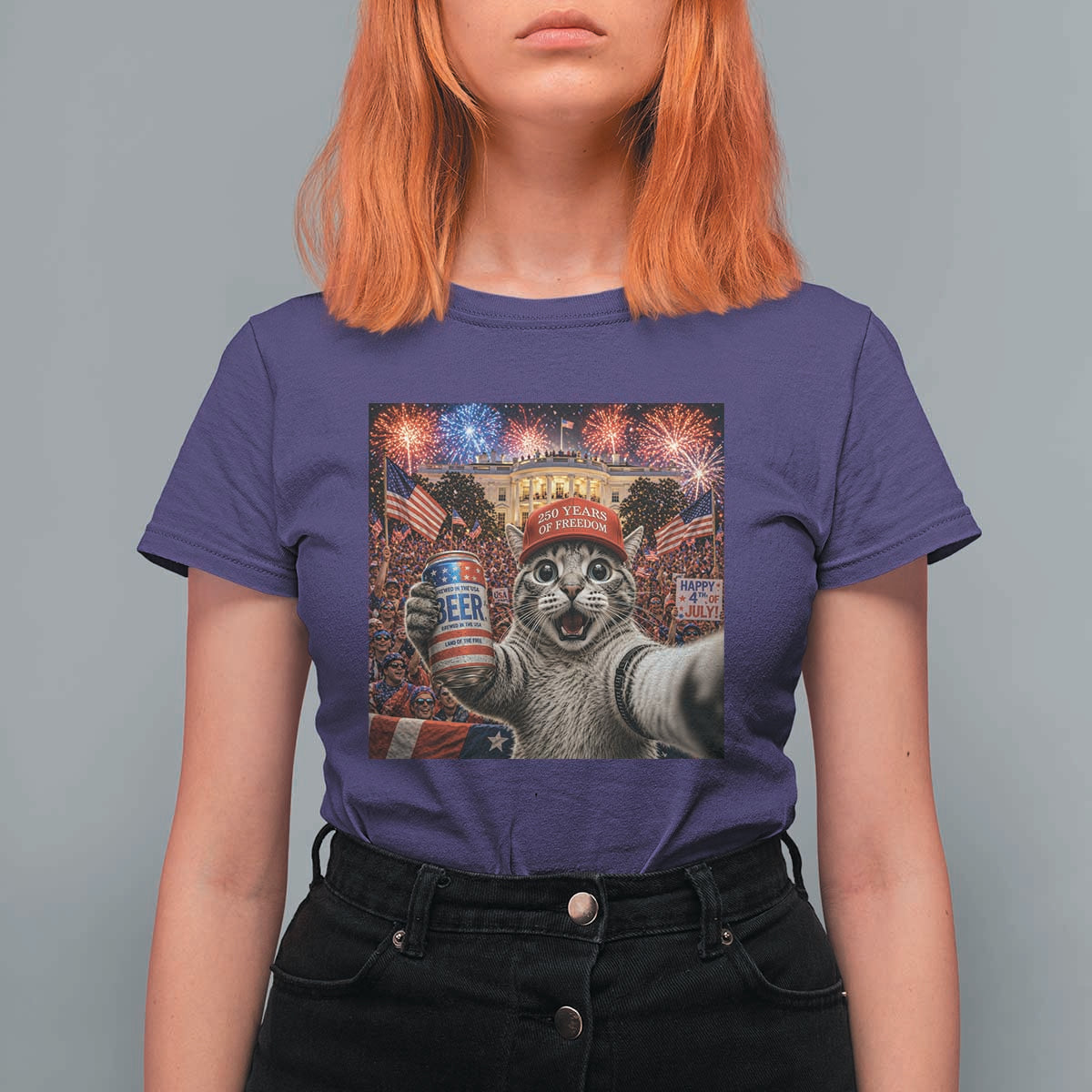 250 Years Of Freedom T Shirt For Women Funny Cat Selfie 4th of July Party