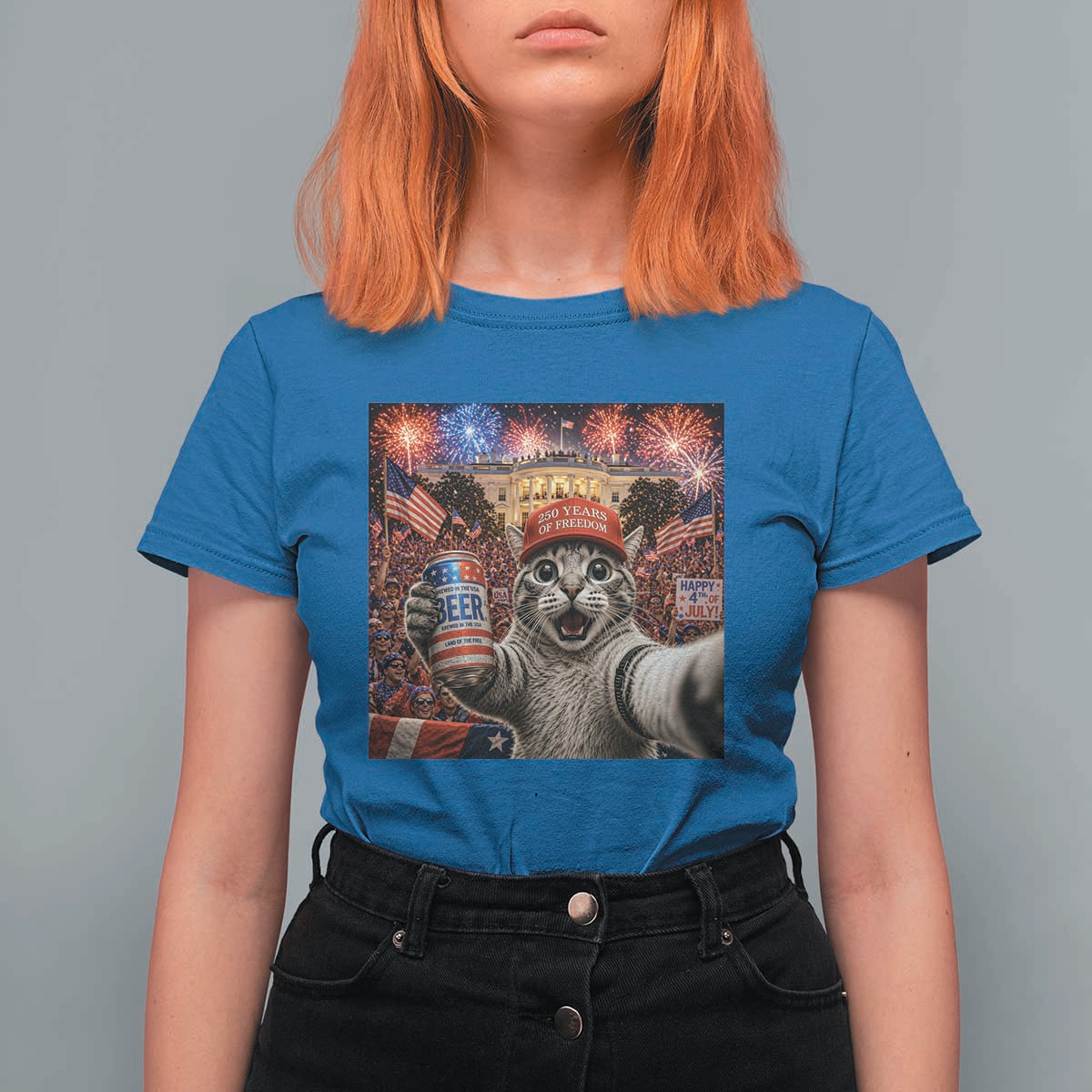 250 Years Of Freedom T Shirt For Women Funny Cat Selfie 4th of July Party