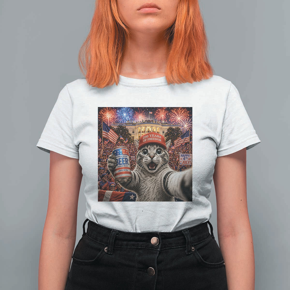 250 Years Of Freedom T Shirt For Women Funny Cat Selfie 4th of July Party