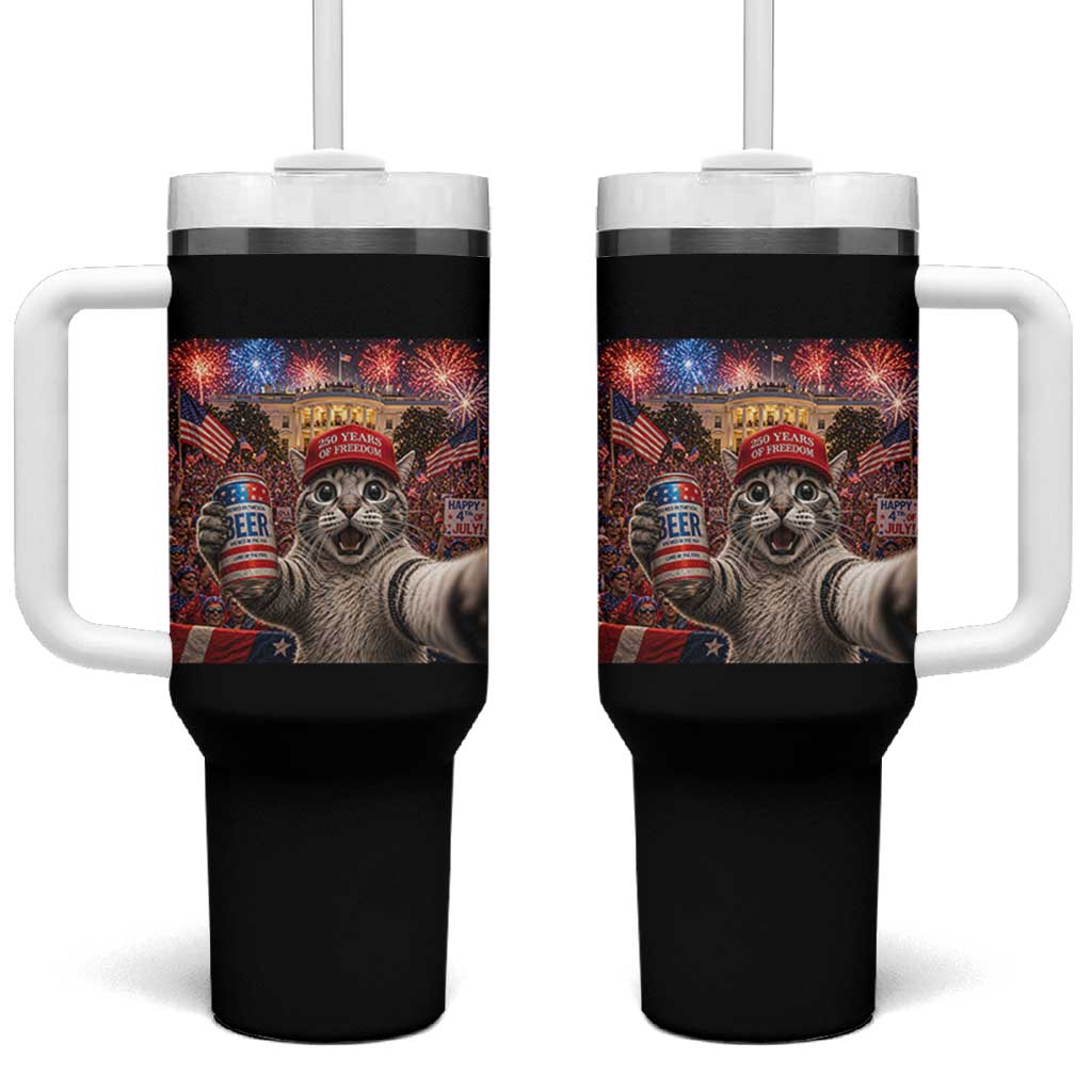 250 Years Of Freedom Tumbler With Handle Funny Cat Selfie 4th of July Party