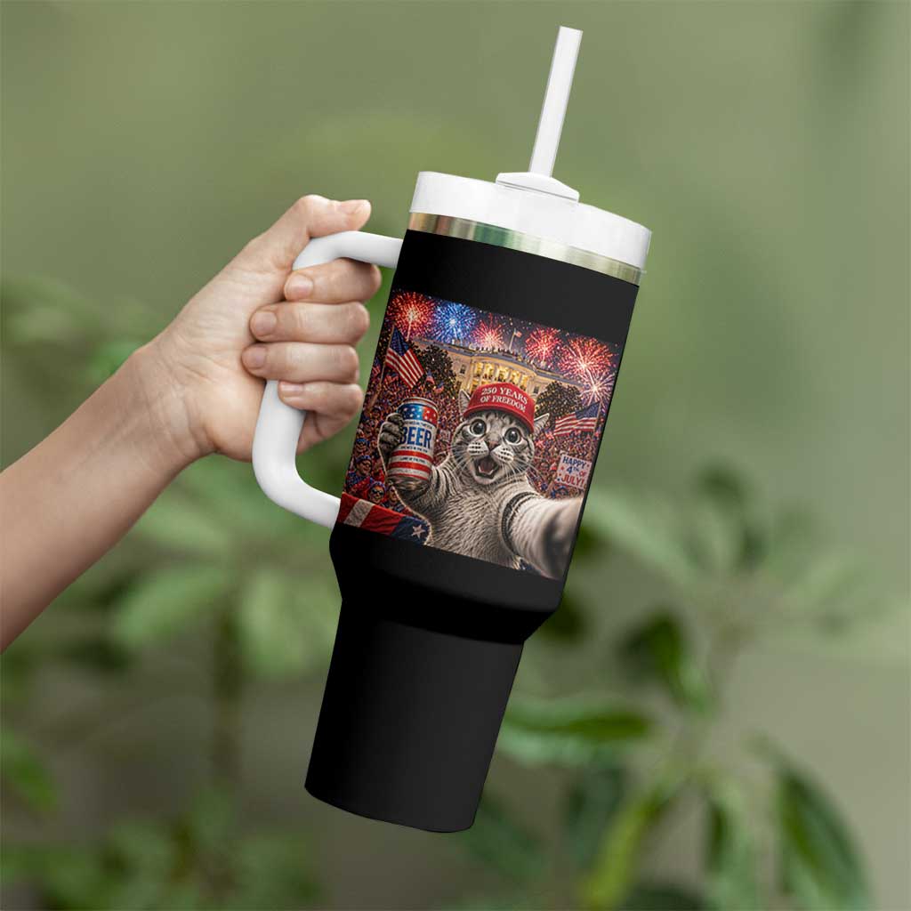 250 Years Of Freedom Tumbler With Handle Funny Cat Selfie 4th of July Party