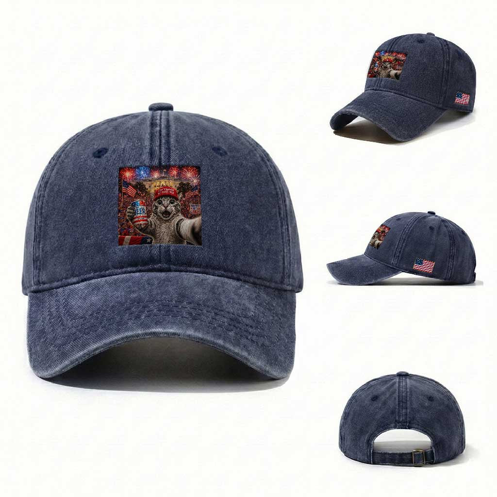 250 Years Of Freedom Washed Cotton Baseball Cap Funny Cat Selfie 4th of July Party