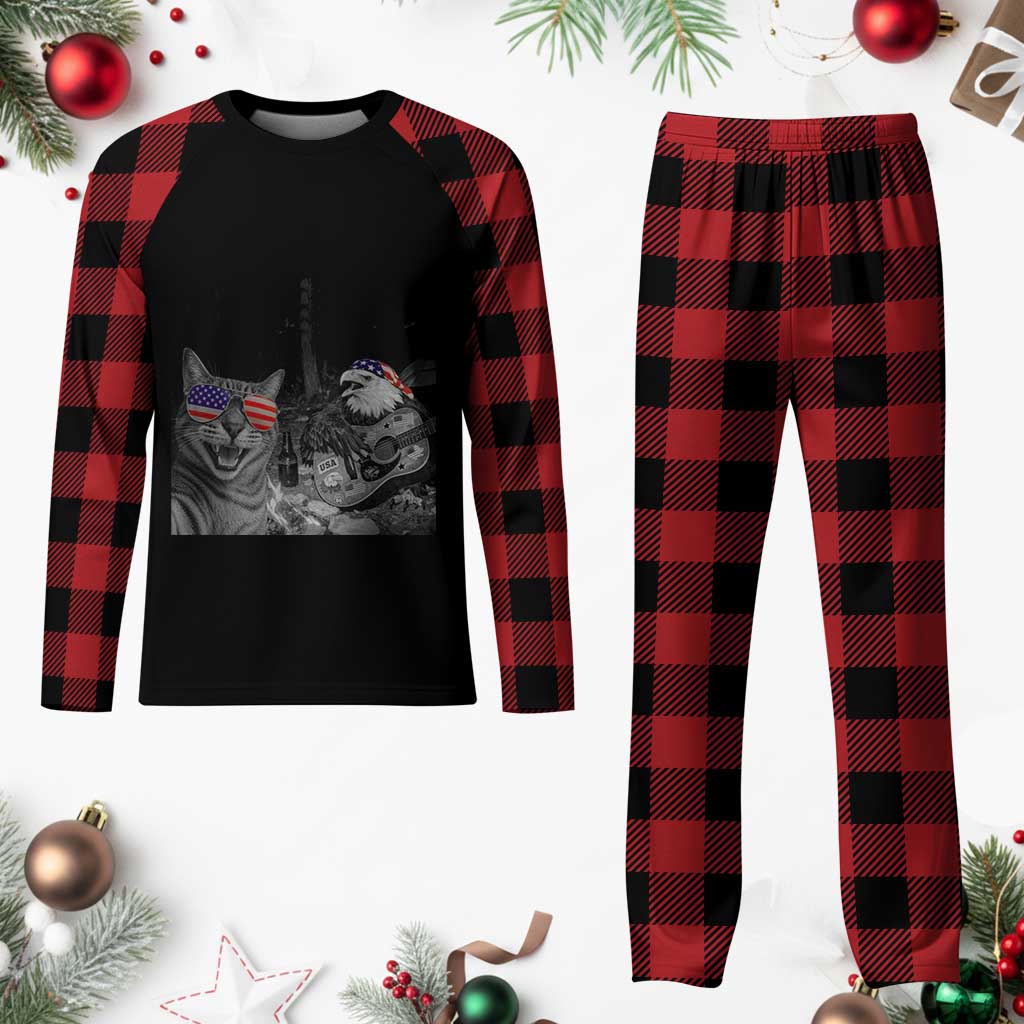 Funny Cat Selfie 4th of July Plaid Pajama Set Patriotic Eagle American Flag Gift