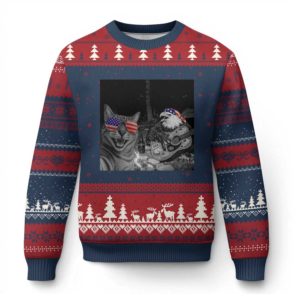 Funny Cat Selfie 4th of July Ugly Christmas Sweater Patriotic Eagle American Flag Gift
