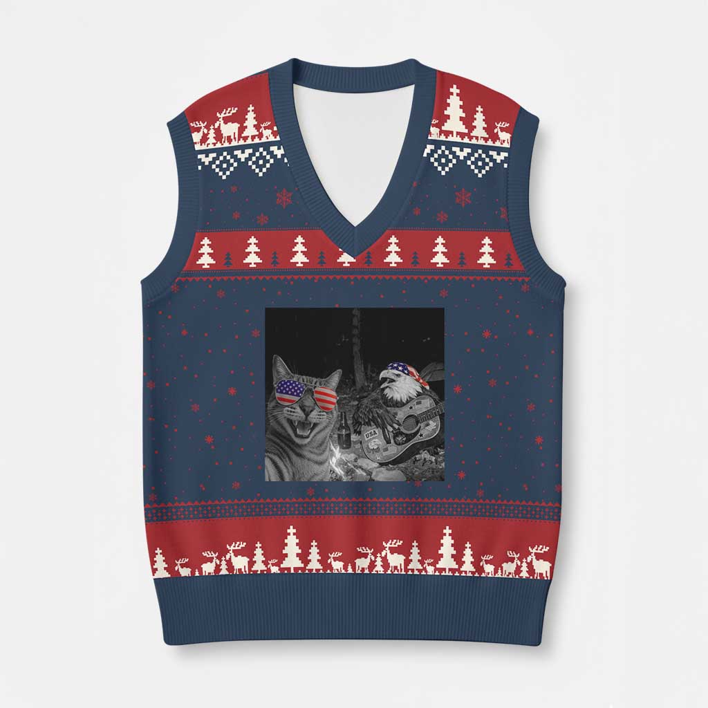 Funny Cat Selfie 4th of July V-Neck Knit Sweater Vest Patriotic Eagle American Flag Gift