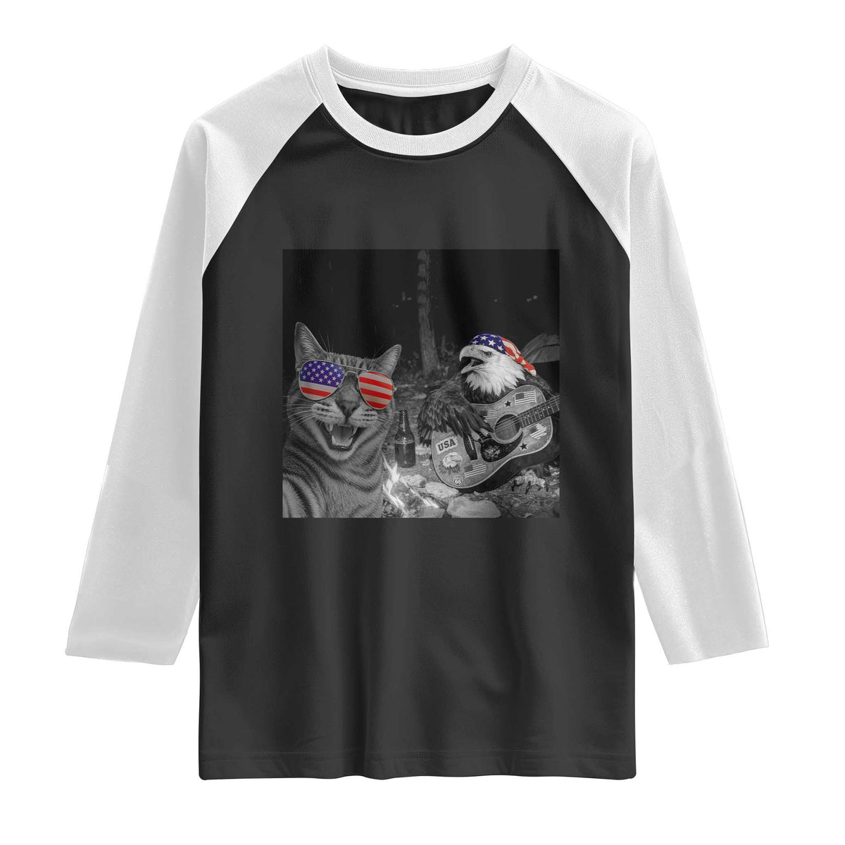 Funny Cat Selfie 4th of July Raglan Shirt Patriotic Eagle American Flag Gift