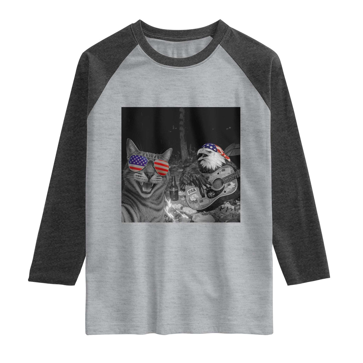 Funny Cat Selfie 4th of July Raglan Shirt Patriotic Eagle American Flag Gift