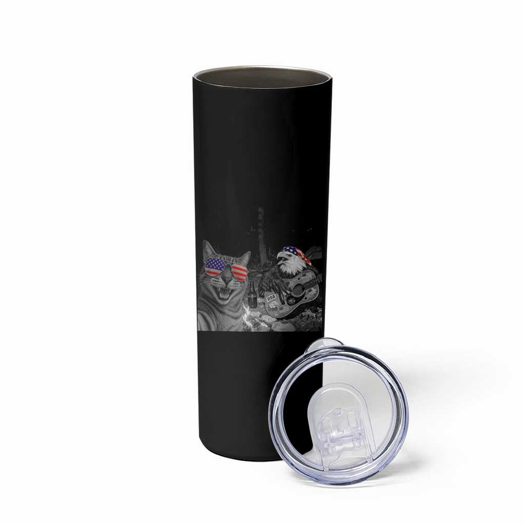 Funny Cat Selfie 4th of July Skinny Tumbler Patriotic Eagle American Flag Gift