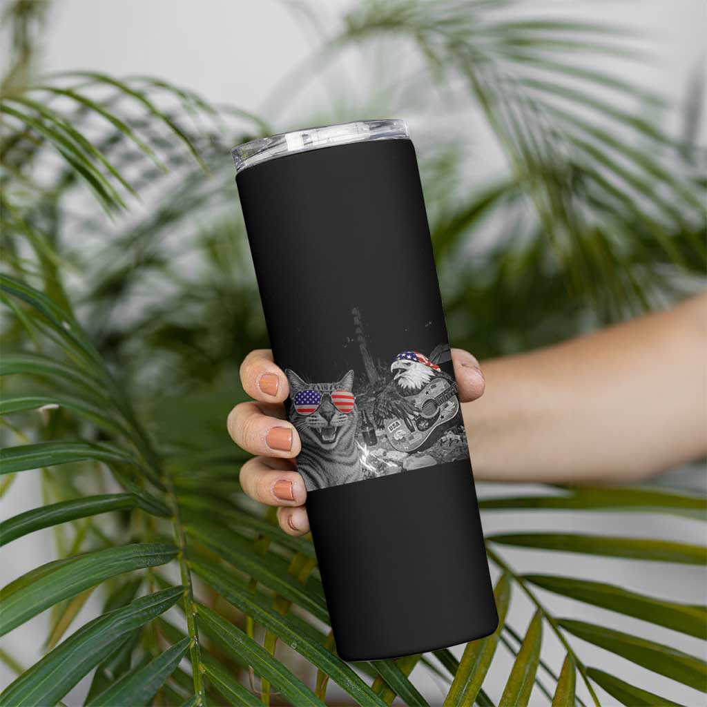 Funny Cat Selfie 4th of July Skinny Tumbler Patriotic Eagle American Flag Gift