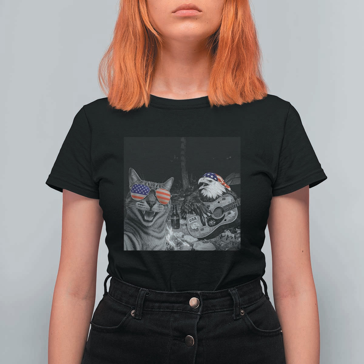 Funny Cat Selfie 4th of July T Shirt For Women Patriotic Eagle American Flag Gift