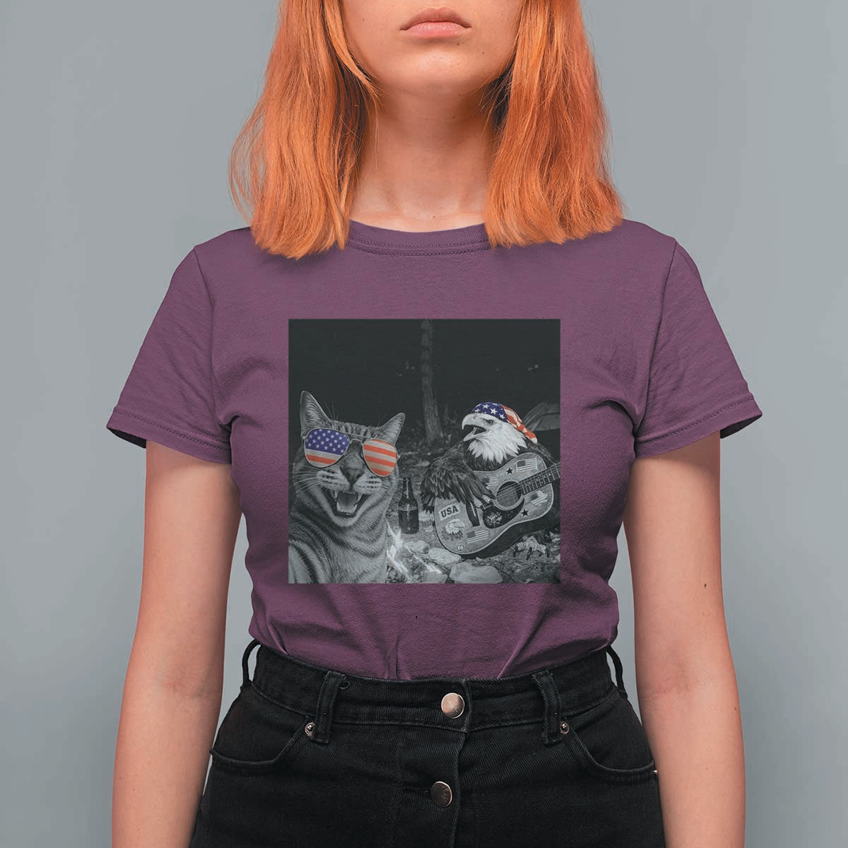 Funny Cat Selfie 4th of July T Shirt For Women Patriotic Eagle American Flag Gift