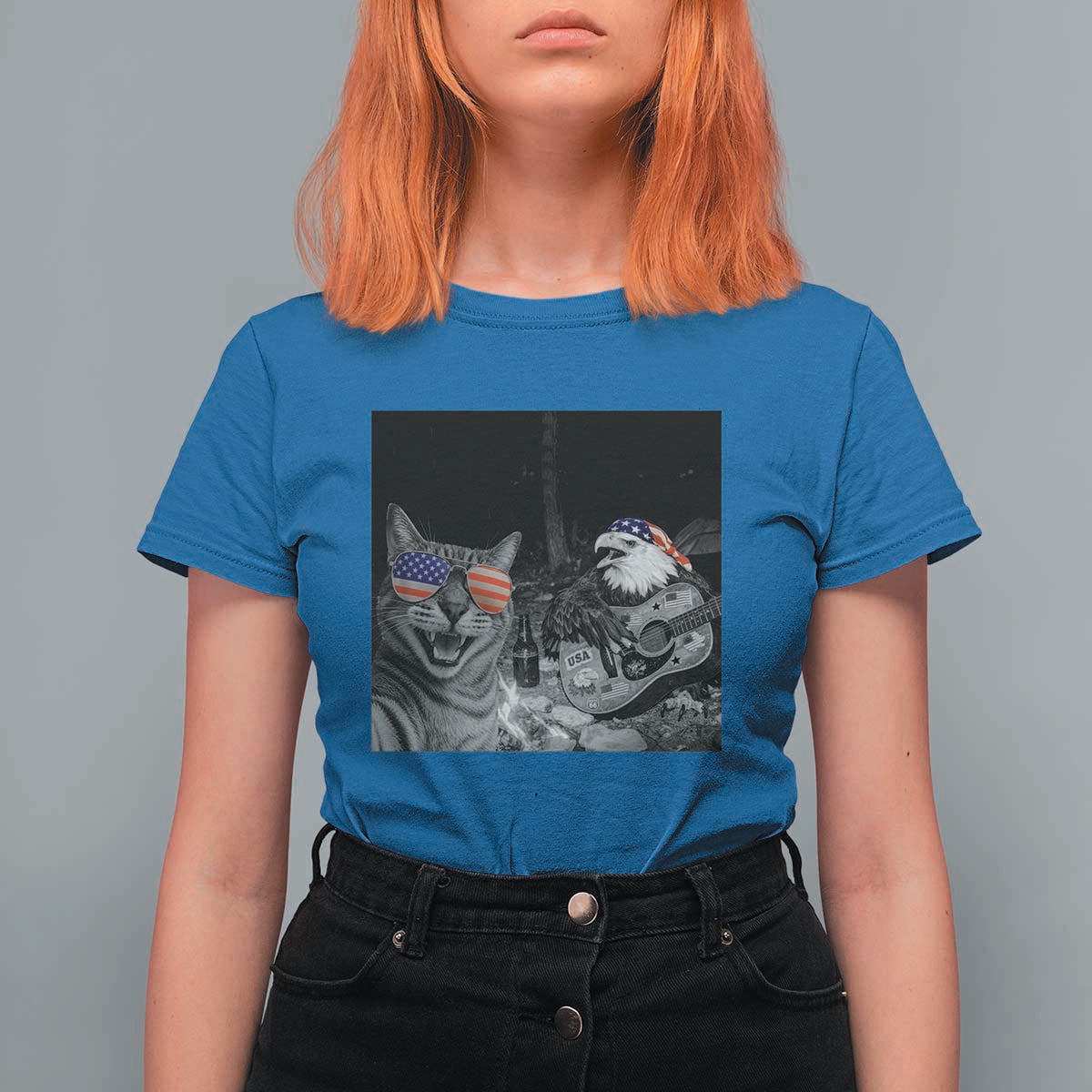 Funny Cat Selfie 4th of July T Shirt For Women Patriotic Eagle American Flag Gift