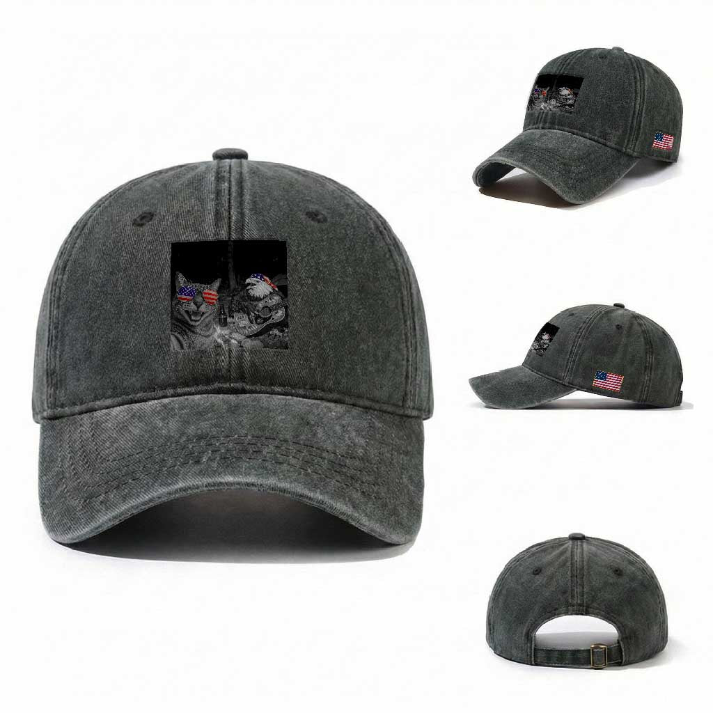 Funny Cat Selfie 4th of July Washed Cotton Baseball Cap Patriotic Eagle American Flag Gift