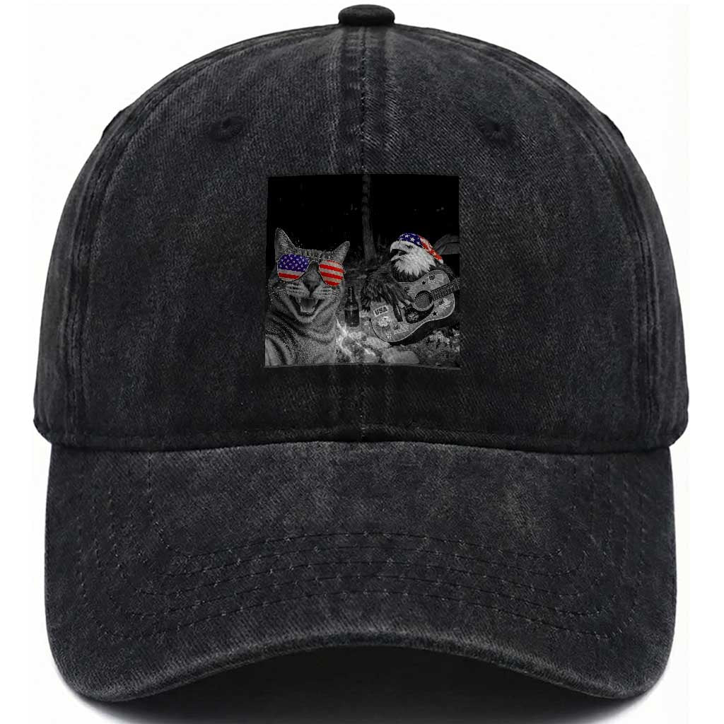 Funny Cat Selfie 4th of July Washed Cotton Baseball Cap Patriotic Eagle American Flag Gift
