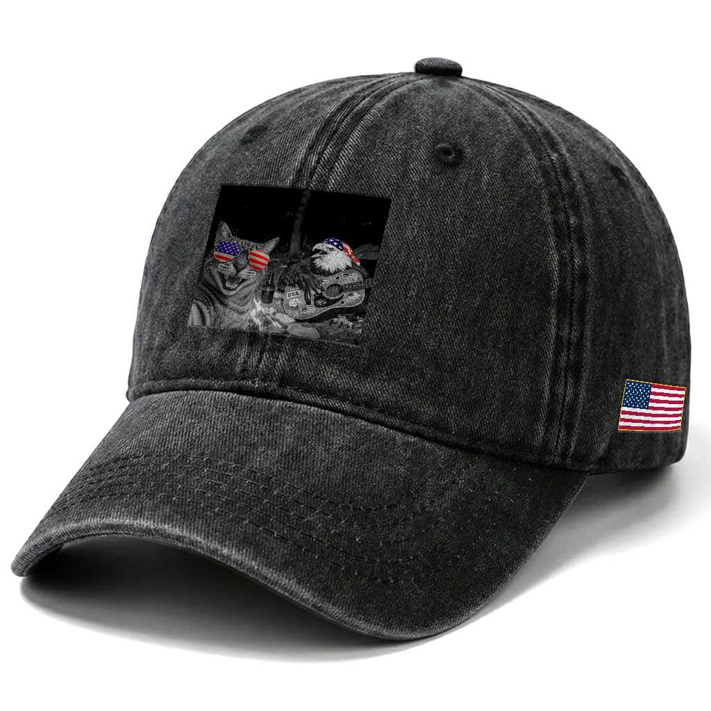 Funny Cat Selfie 4th of July Washed Cotton Baseball Cap Patriotic Eagle American Flag Gift