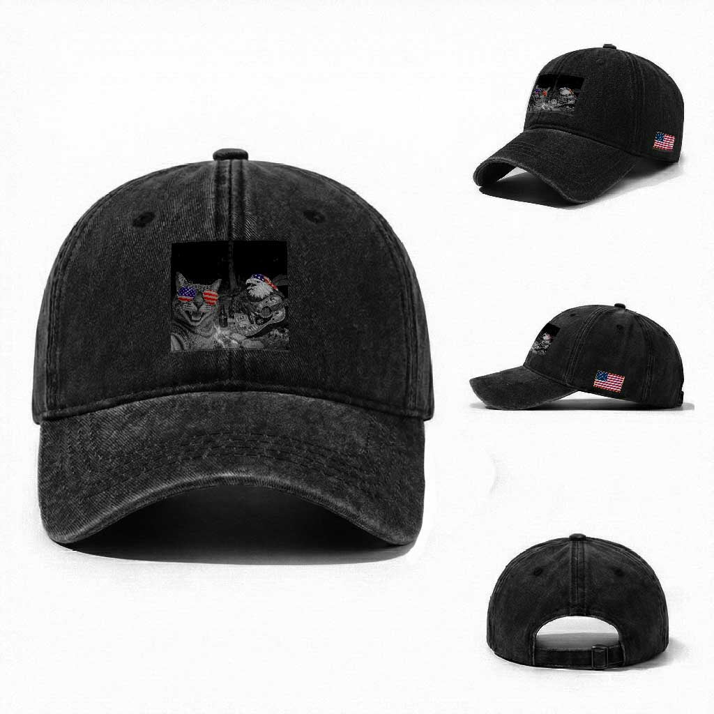 Funny Cat Selfie 4th of July Washed Cotton Baseball Cap Patriotic Eagle American Flag Gift