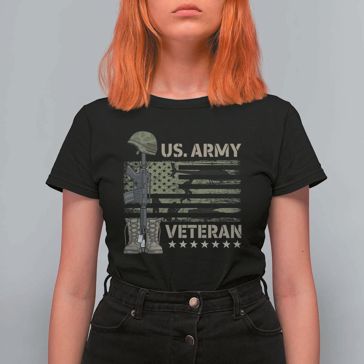 US Arrny Veteran T Shirt For Women Proud Soldier USA Flag Camouflage Military - Wonder Print Shop