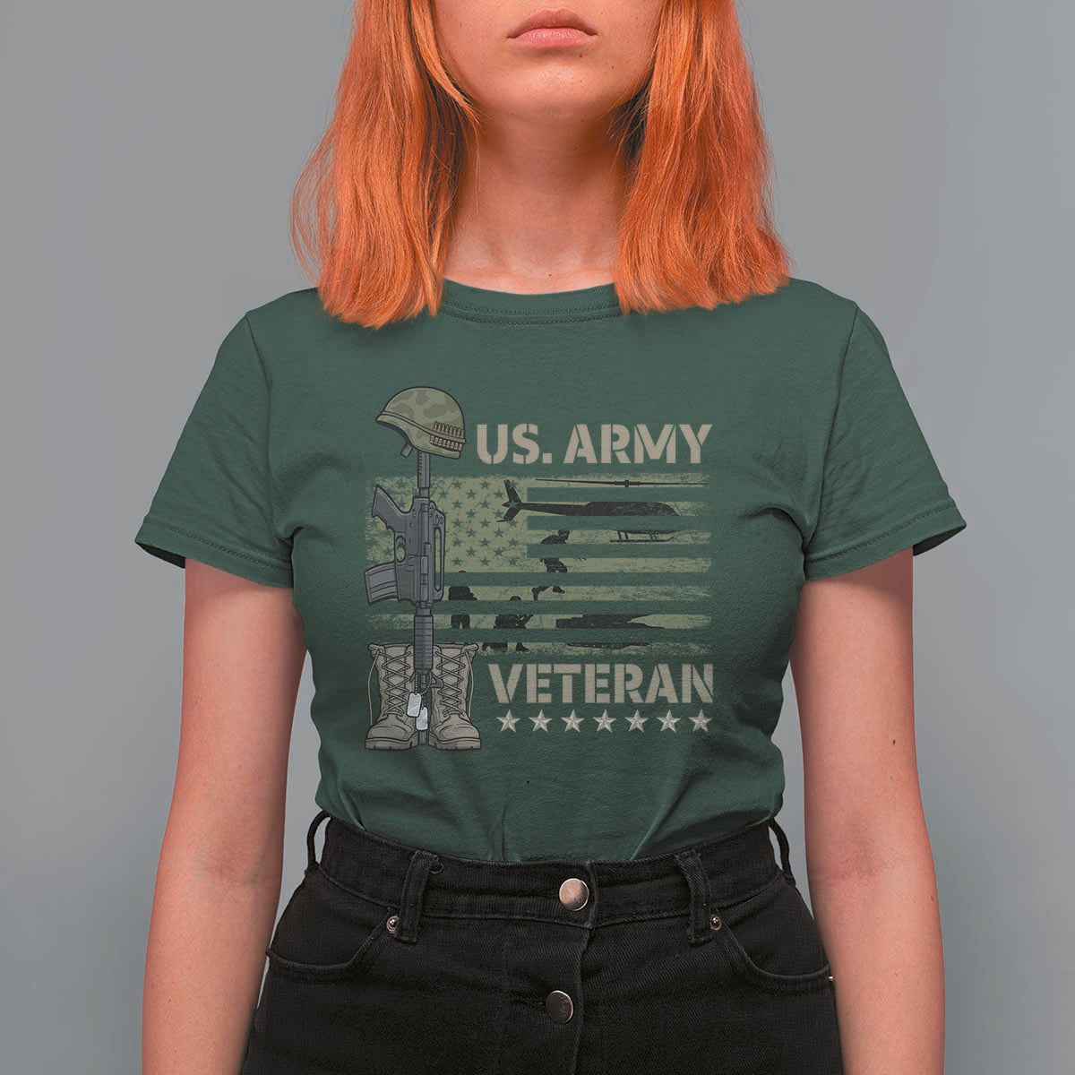 US Arrny Veteran T Shirt For Women Proud Soldier USA Flag Camouflage Military - Wonder Print Shop