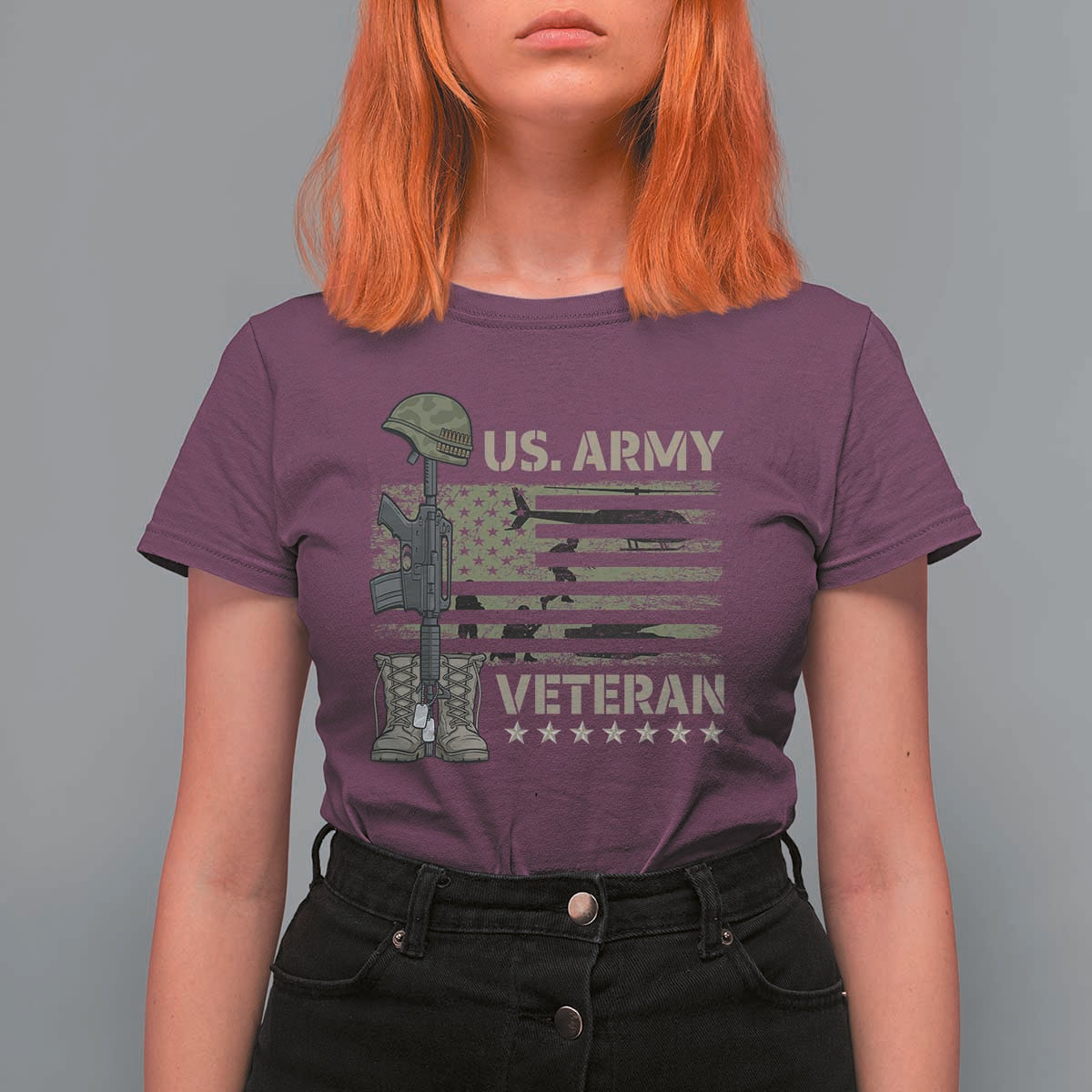 US Arrny Veteran T Shirt For Women Proud Soldier USA Flag Camouflage Military - Wonder Print Shop
