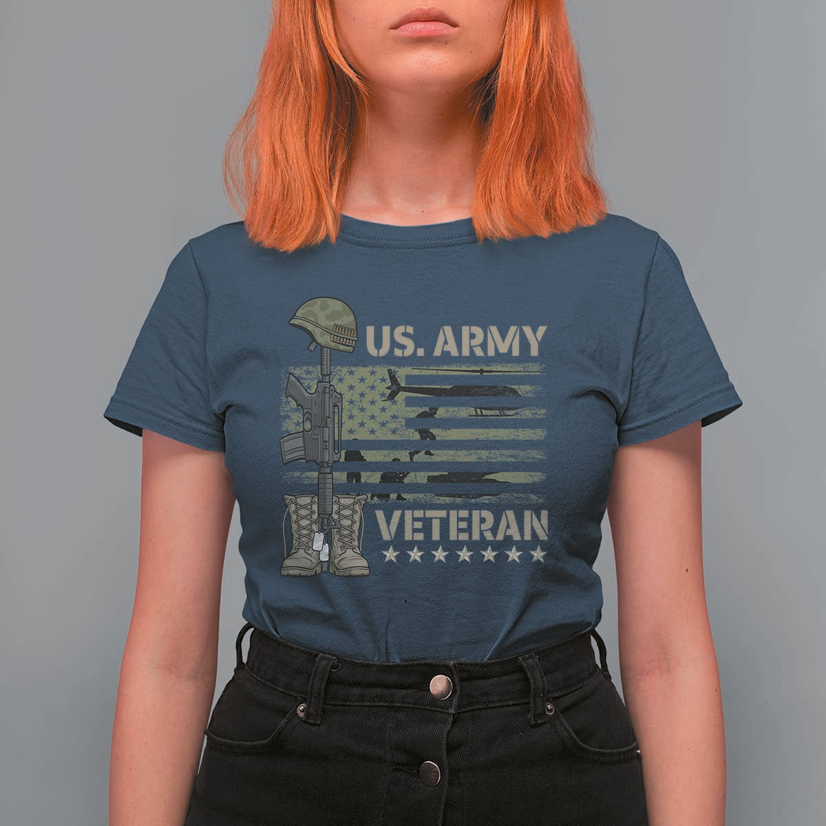 US Arrny Veteran T Shirt For Women Proud Soldier USA Flag Camouflage Military - Wonder Print Shop