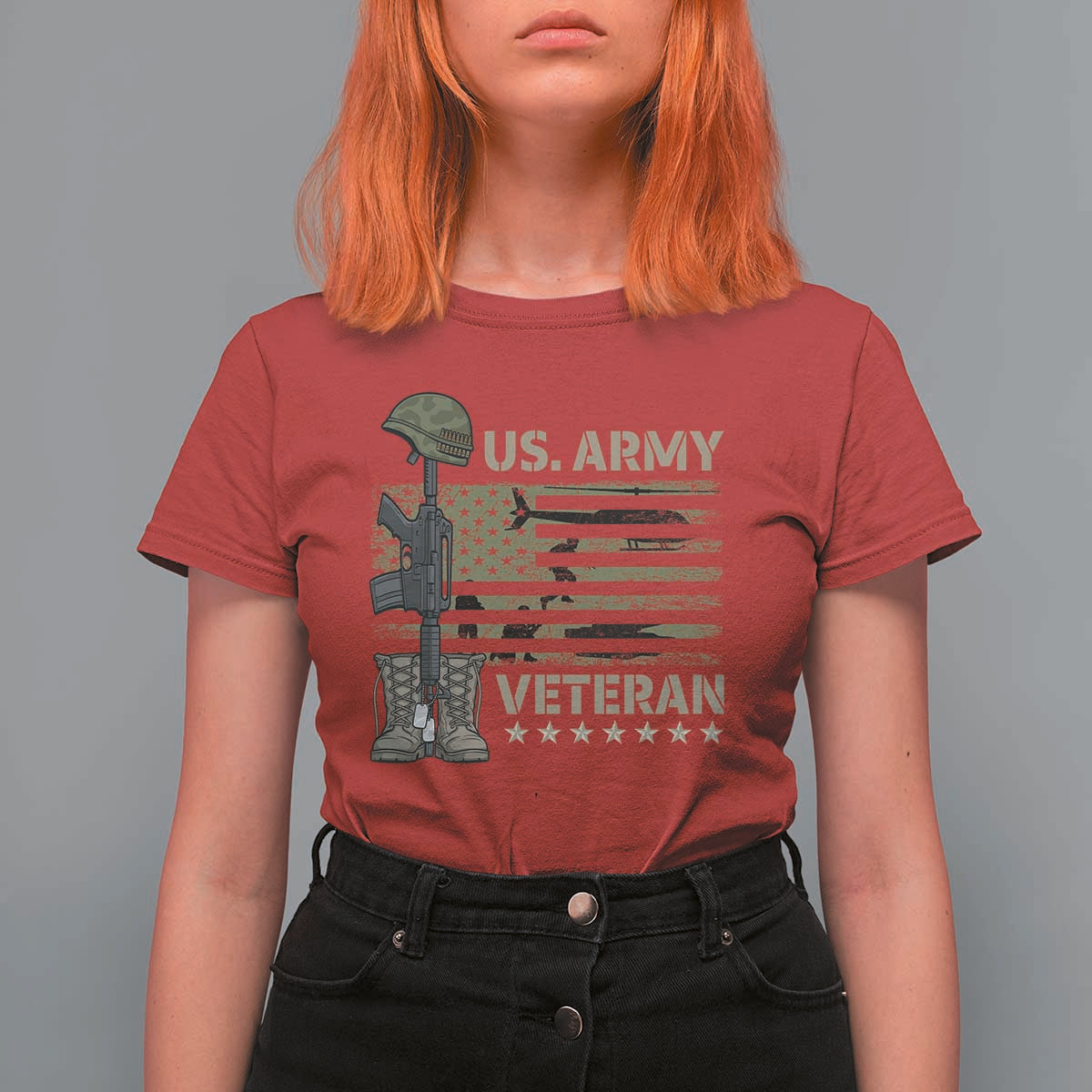 US Arrny Veteran T Shirt For Women Proud Soldier USA Flag Camouflage Military - Wonder Print Shop