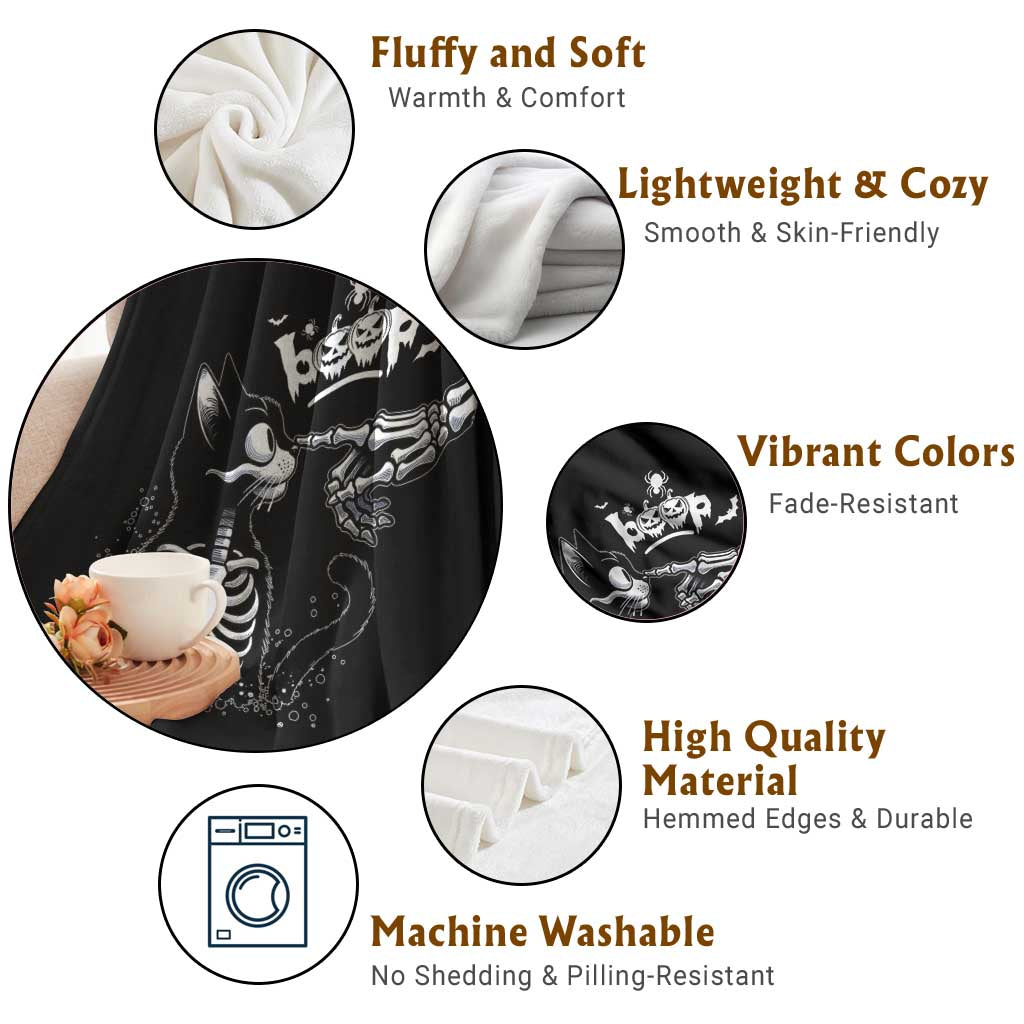 Black Cat Halloween Throw Blanket Skeleton Hand Boop - Wonder Print Shop