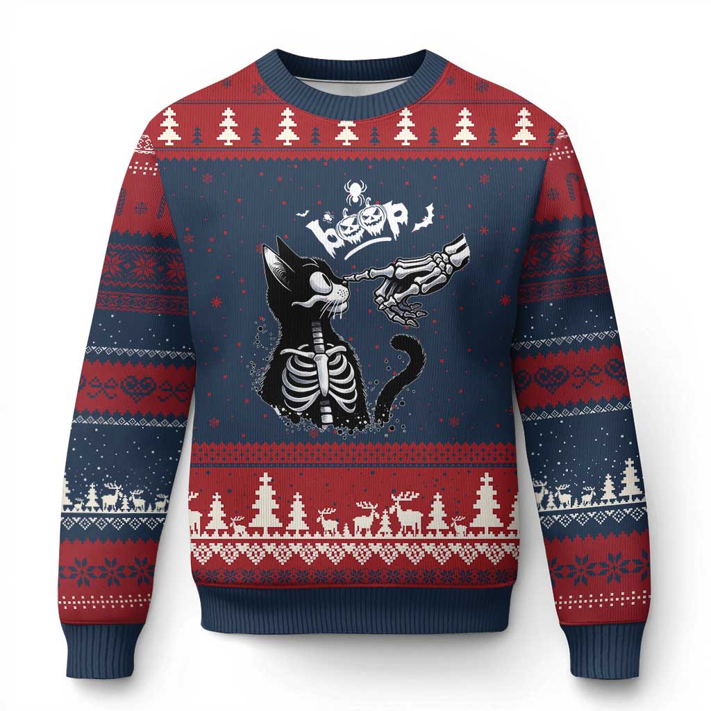 Black Cat Halloween Ugly Christmas Sweater Skeleton Hand Boop - Wonder Print Shop