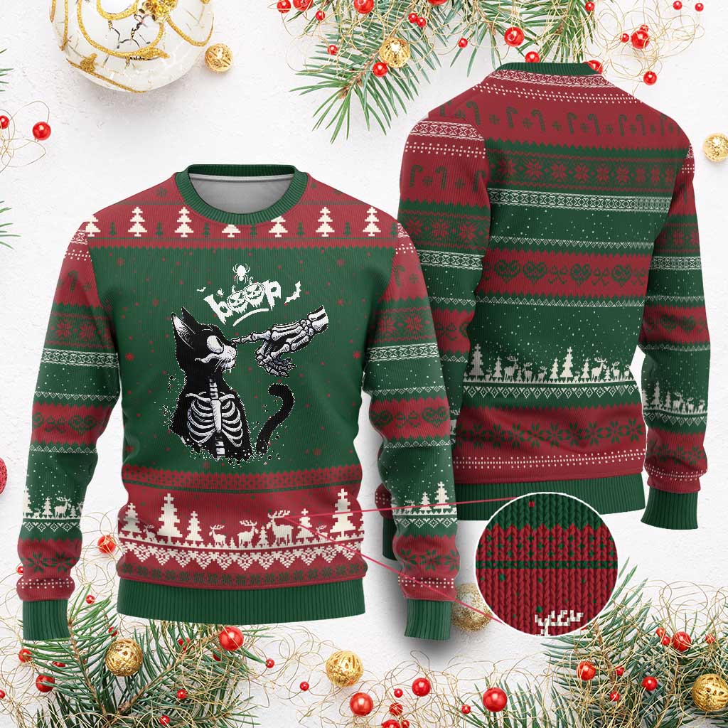 Black Cat Halloween Ugly Christmas Sweater Skeleton Hand Boop - Wonder Print Shop