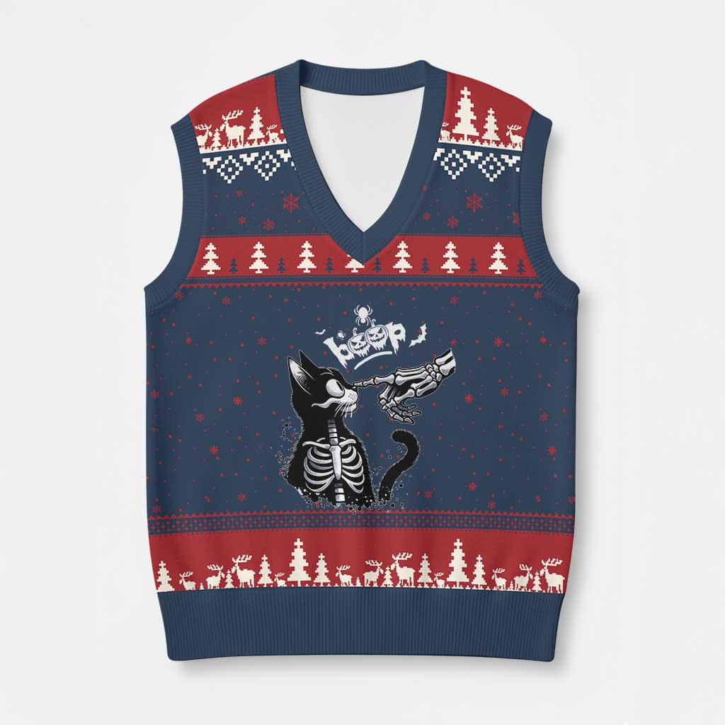 Black Cat Halloween V-Neck Knit Sweater Vest Skeleton Hand Boop - Wonder Print Shop