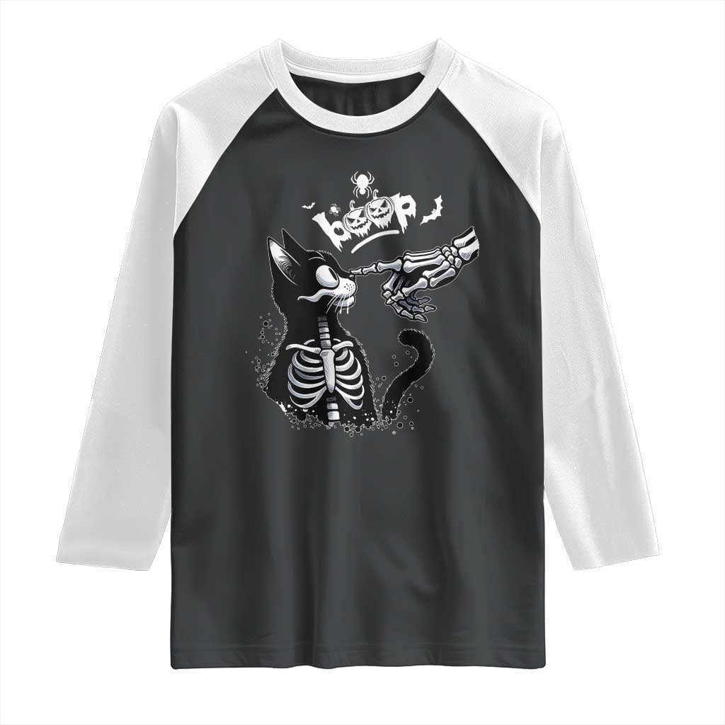 Black Cat Halloween Raglan Shirt Skeleton Hand Boop - Wonder Print Shop