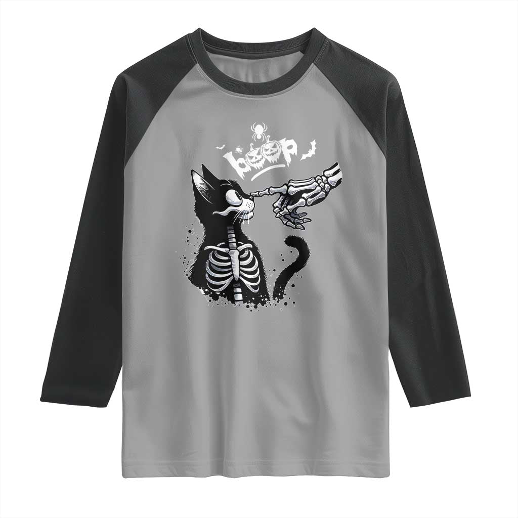 Black Cat Halloween Raglan Shirt Skeleton Hand Boop - Wonder Print Shop