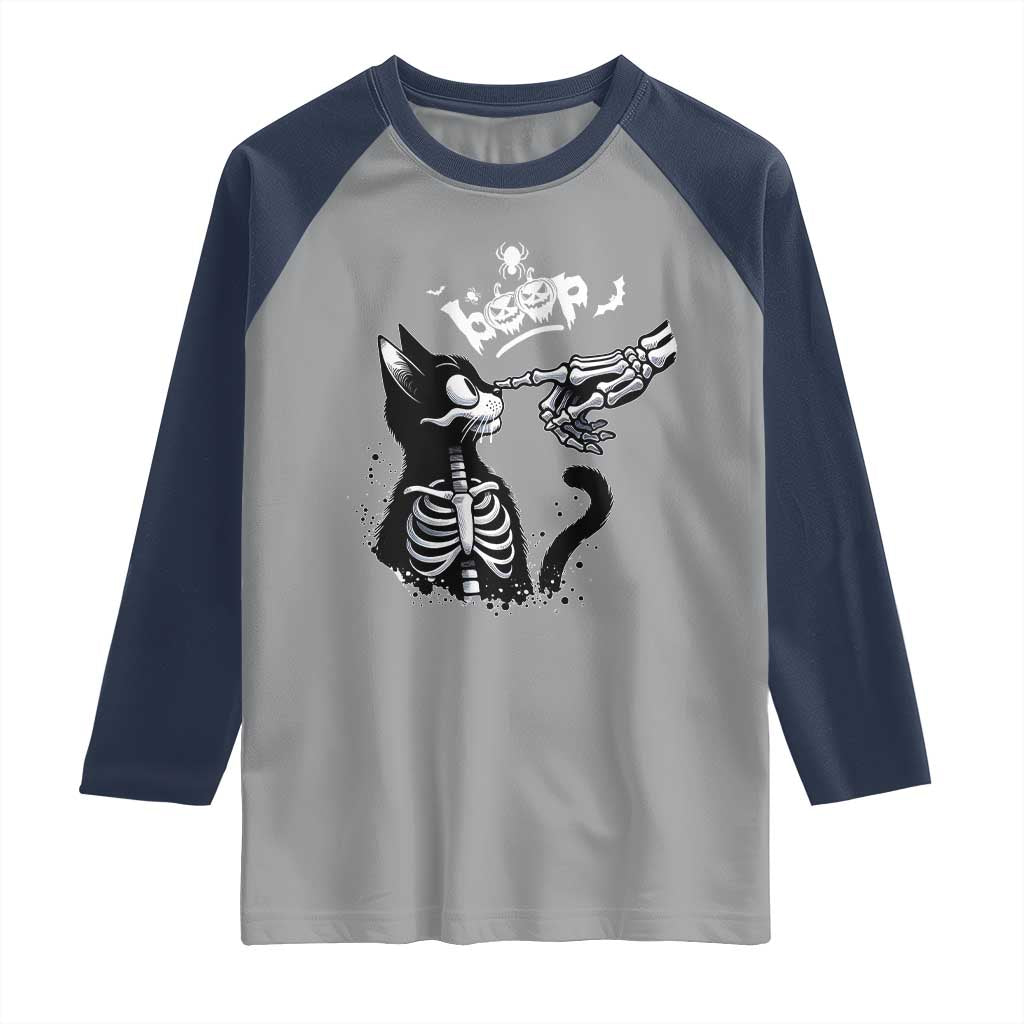Black Cat Halloween Raglan Shirt Skeleton Hand Boop - Wonder Print Shop