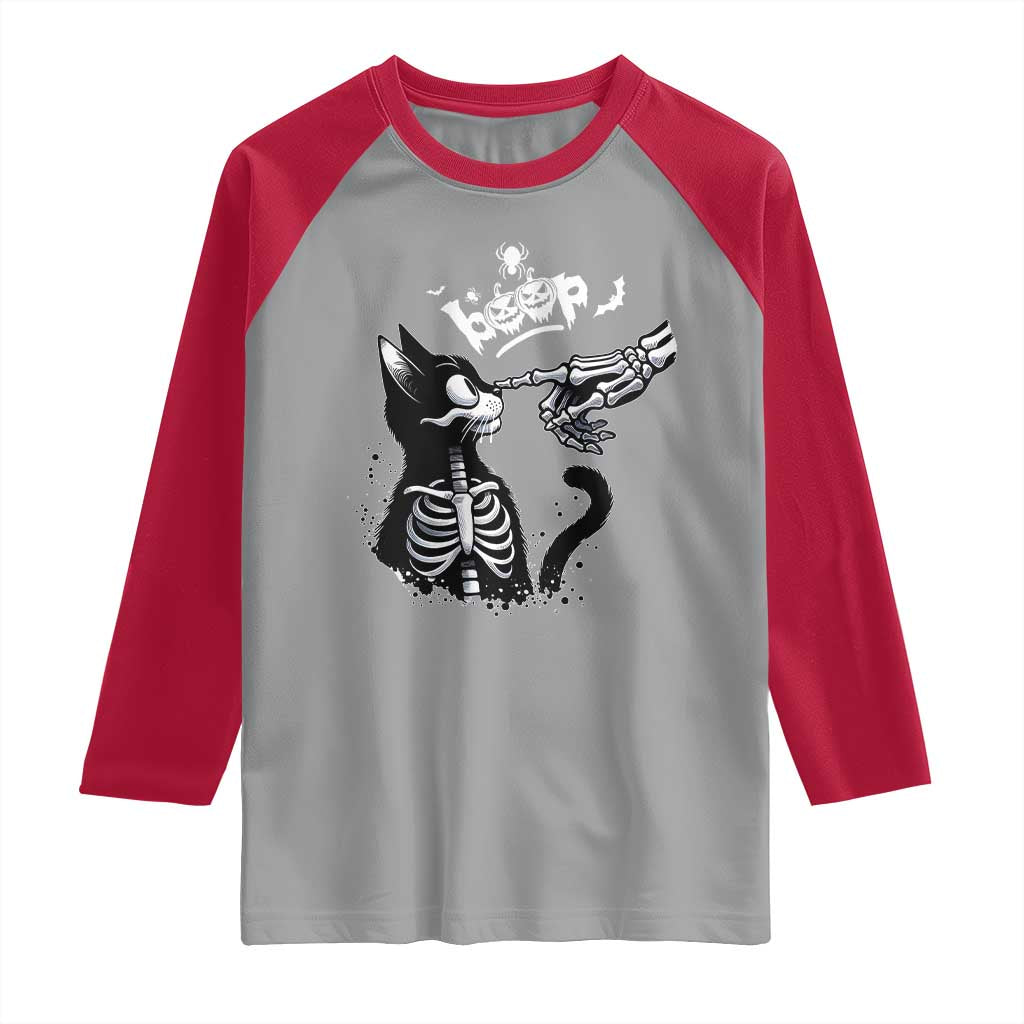 Black Cat Halloween Raglan Shirt Skeleton Hand Boop - Wonder Print Shop