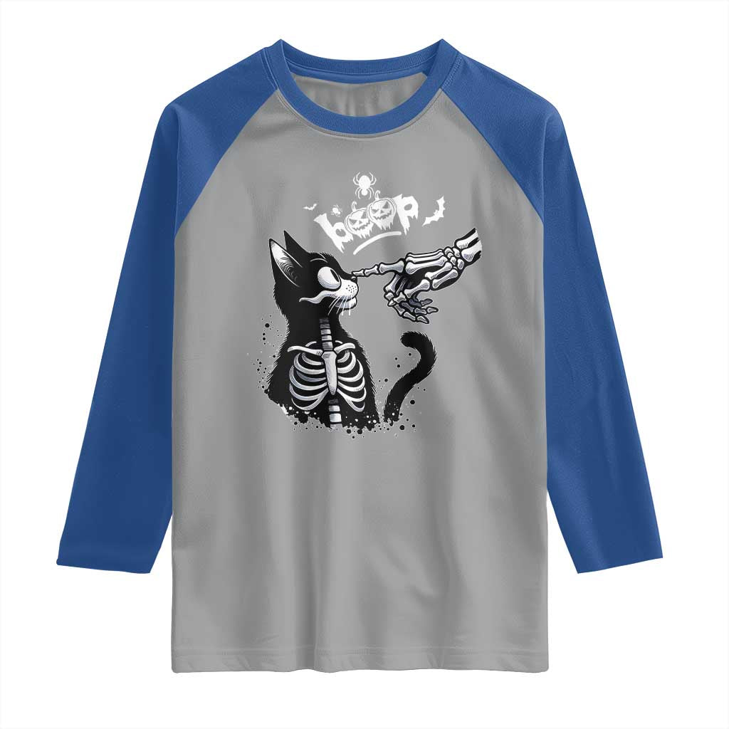 Black Cat Halloween Raglan Shirt Skeleton Hand Boop - Wonder Print Shop