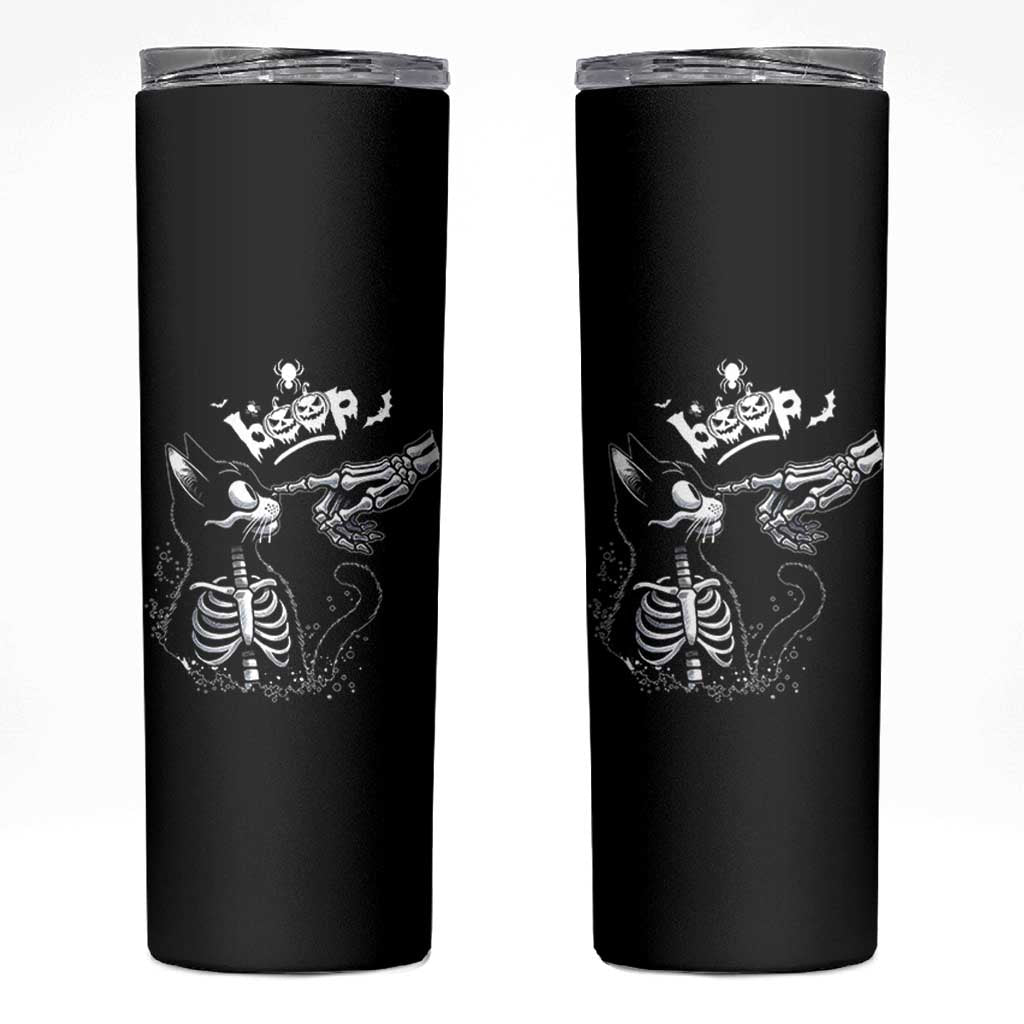 Black Cat Halloween Skinny Tumbler Skeleton Hand Boop - Wonder Print Shop