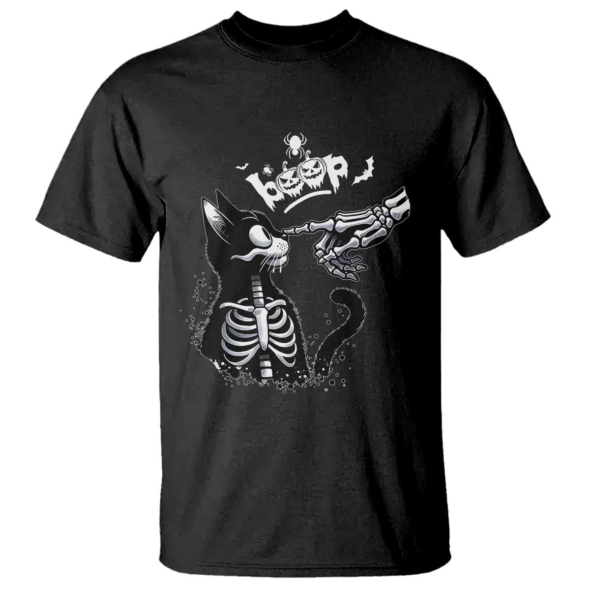 Black Cat Halloween T Shirt Skeleton Hand Boop - Wonder Print Shop