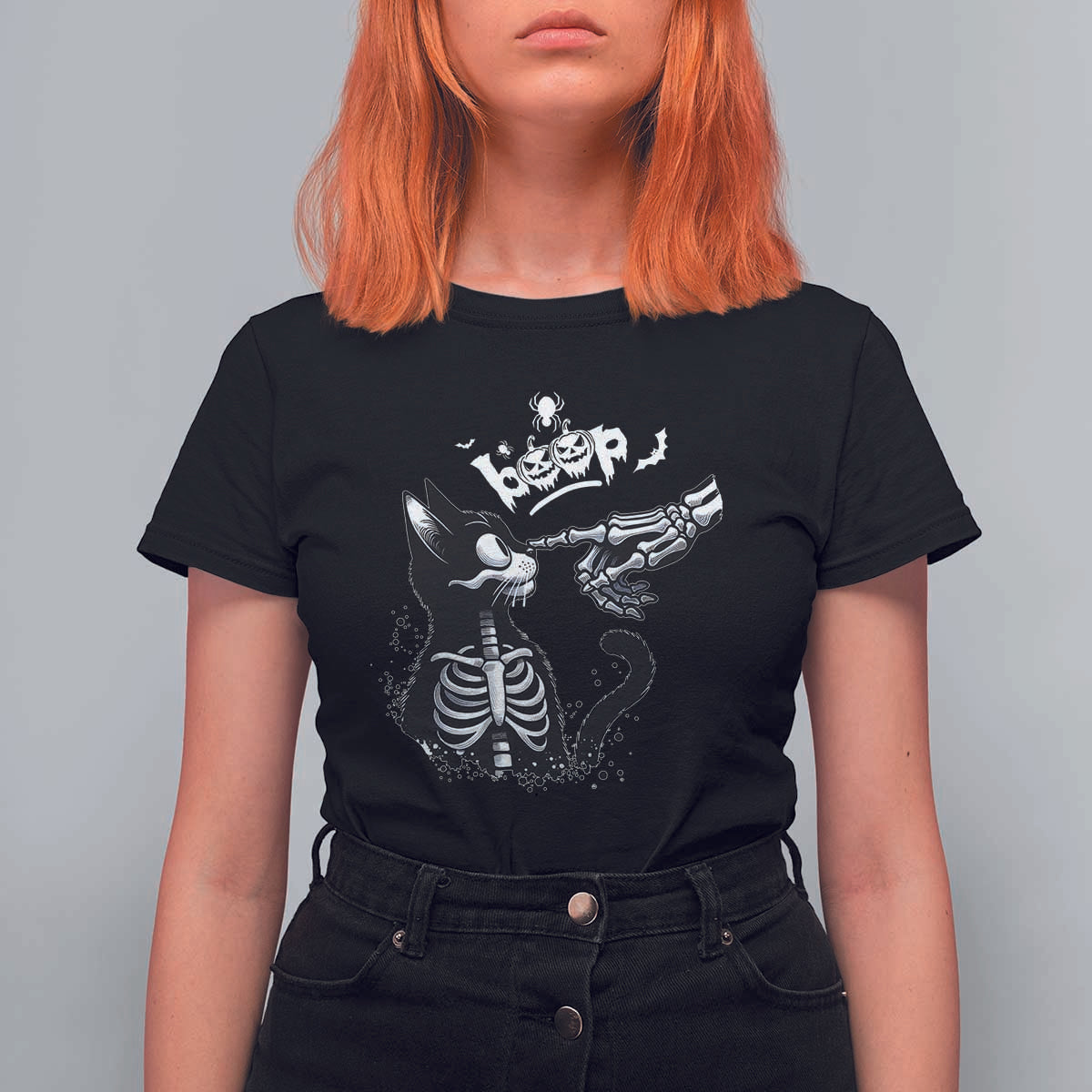 Black Cat Halloween T Shirt For Women Skeleton Hand Boop - Wonder Print Shop
