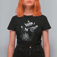 Black Cat Halloween T Shirt For Women Skeleton Hand Boop - Wonder Print Shop