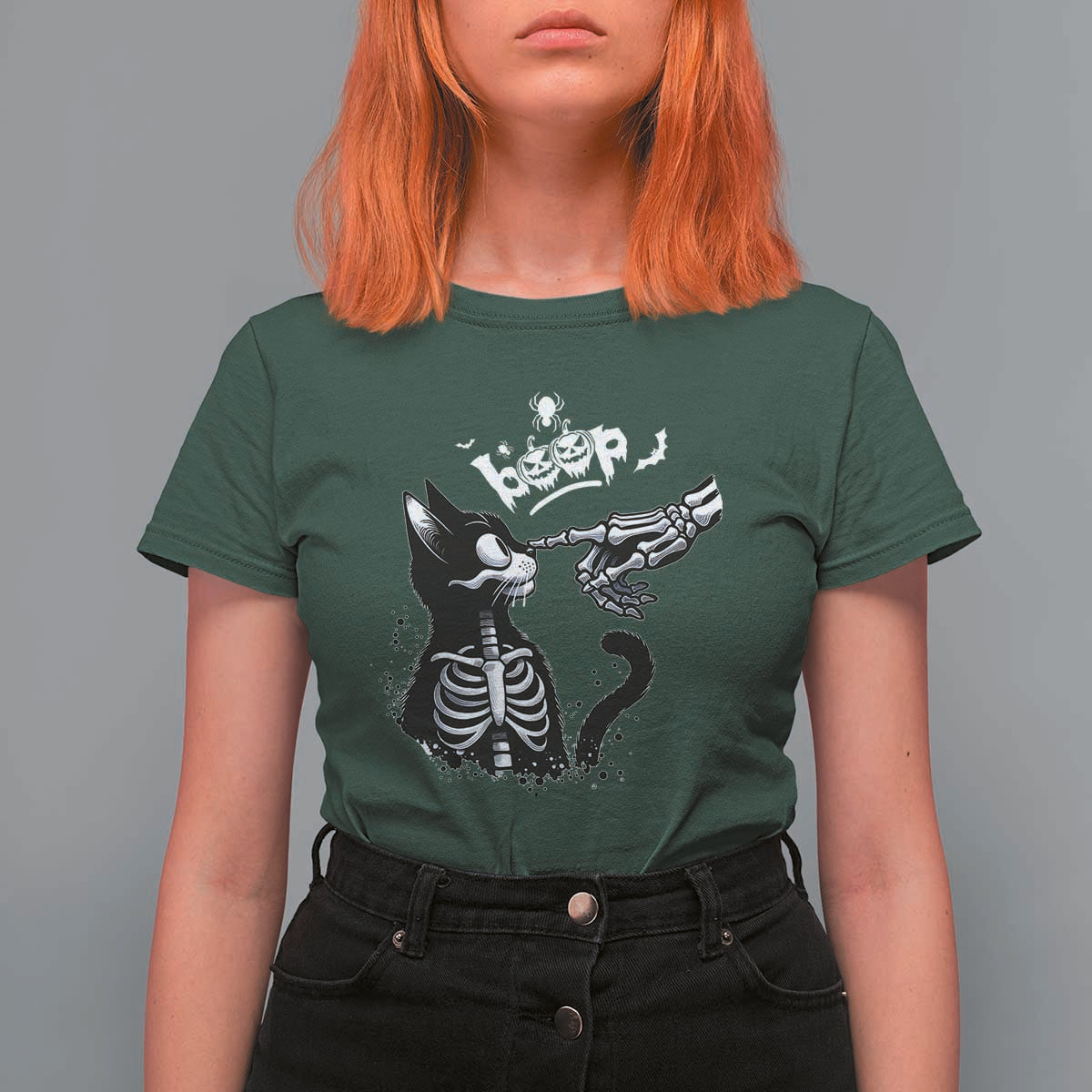 Black Cat Halloween T Shirt For Women Skeleton Hand Boop - Wonder Print Shop