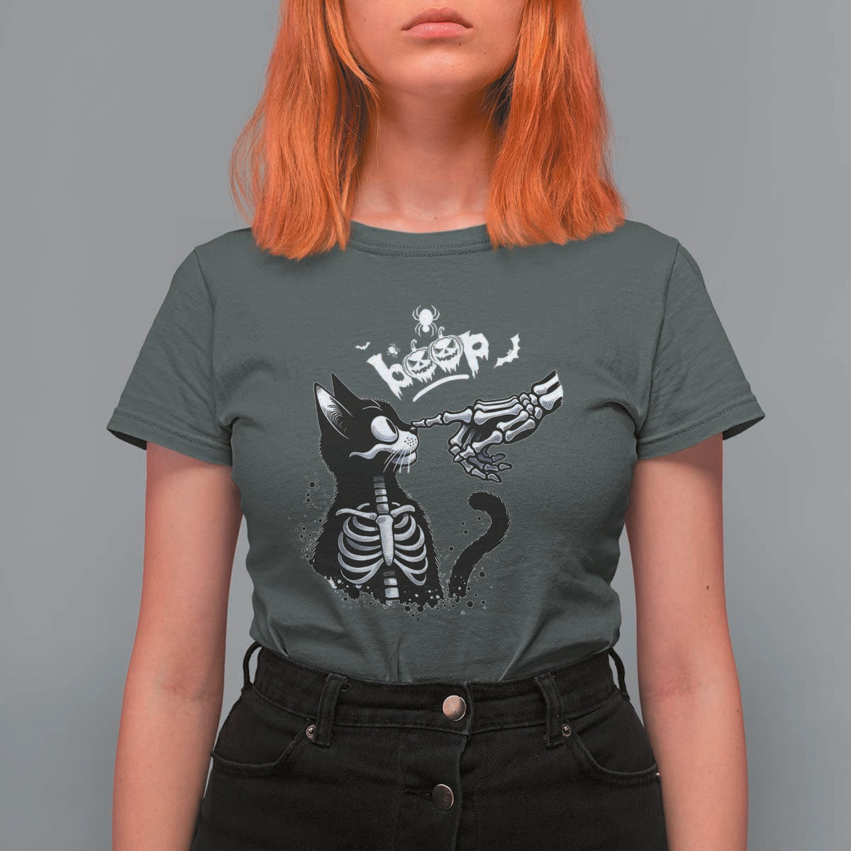 Black Cat Halloween T Shirt For Women Skeleton Hand Boop - Wonder Print Shop