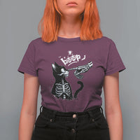Black Cat Halloween T Shirt For Women Skeleton Hand Boop - Wonder Print Shop