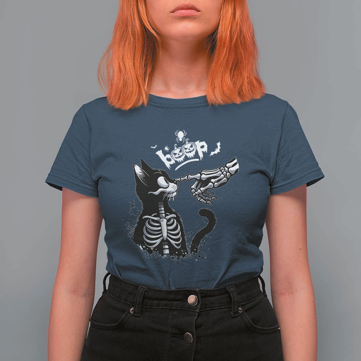Black Cat Halloween T Shirt For Women Skeleton Hand Boop - Wonder Print Shop